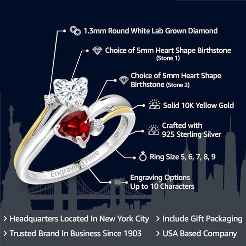 Gem Stone King Customized and Personalized Engraved Gemstone Birthstone and Lab Grown Diamond 2 Heart Promise Couple Ring For Women | 925 Silver and 10K Yellow Gold | Available In Size 5, 6, 7, 8, 92