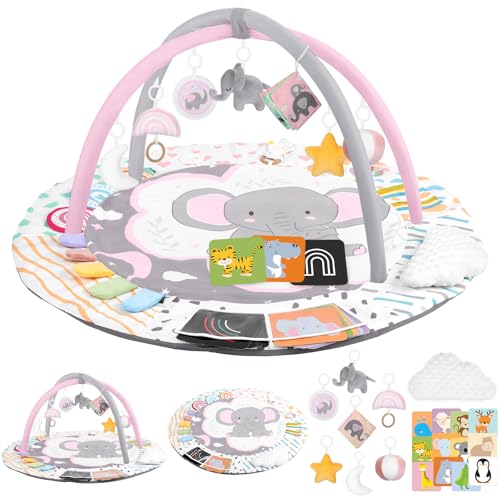 Image of Baby Play Gym & Activity Mat, Tummy Time Mat with Cloud Toy, 7 Detachable Sensory Toys and Educational Cards for Motor Skills & Sensory Development, Baby Essentials Shower Gift, Pink Elephant