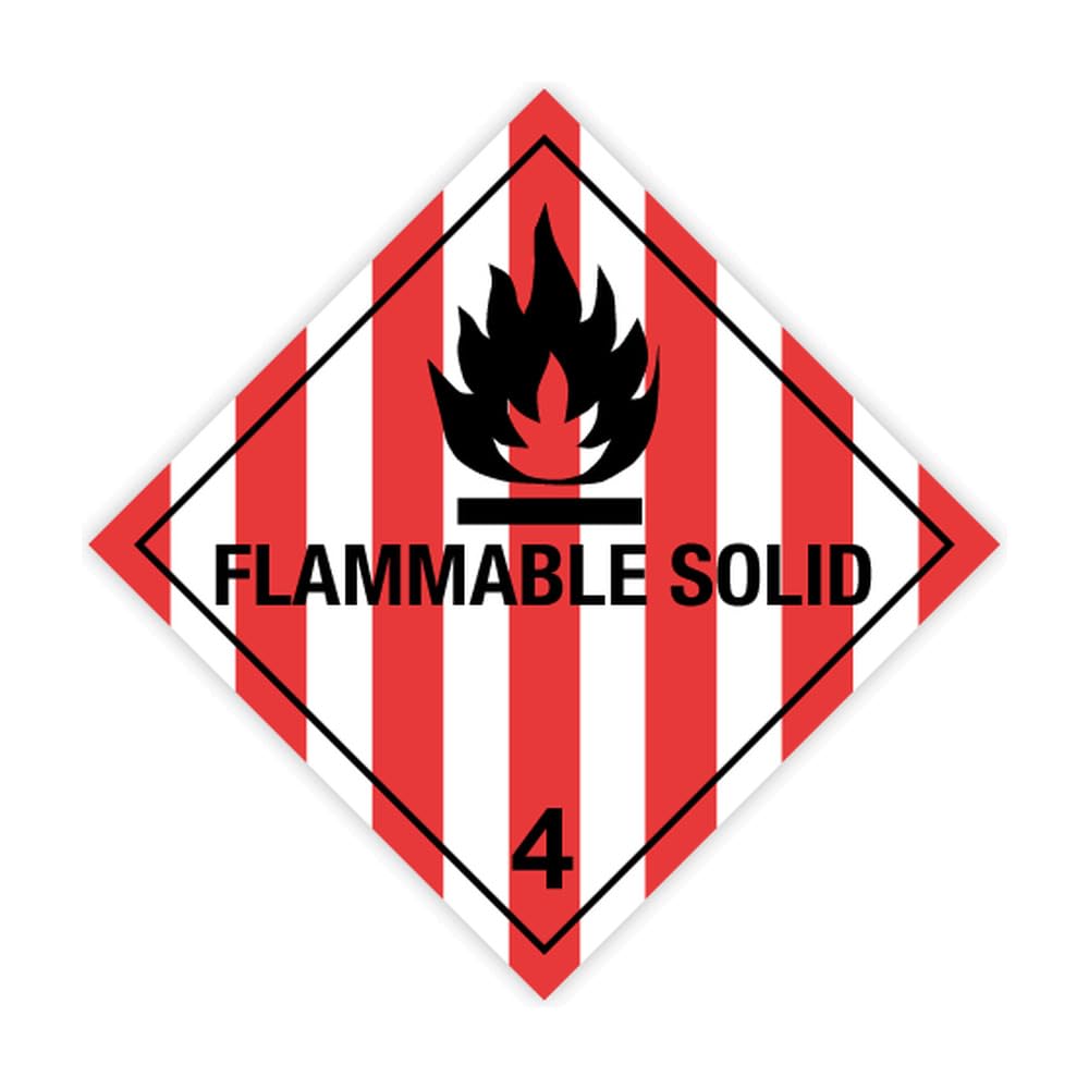 250 etiquetas adhesivas en rollo Clase 4.1 Sólidos inflamables 100 x 100 mm – polipropileno resistente al agua, no papel – ADR RID ADN IMDG IATA (con texto Flammable Solid)