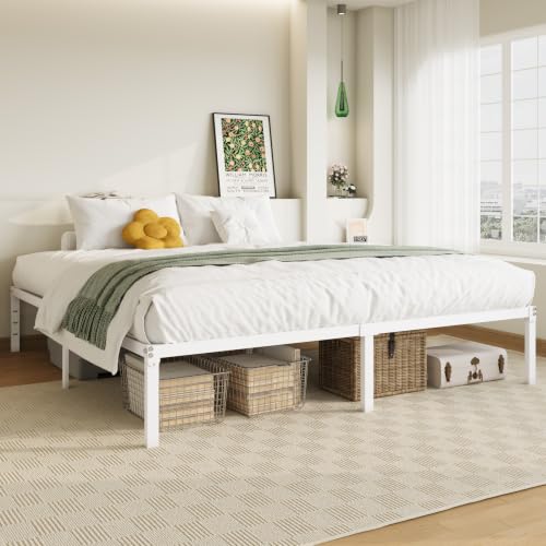 Image of Allewie King Size Bed Frame, 14 inch Metal Platform Beds with Storage Space, No Box Spring Needed and Easy Assembly, White