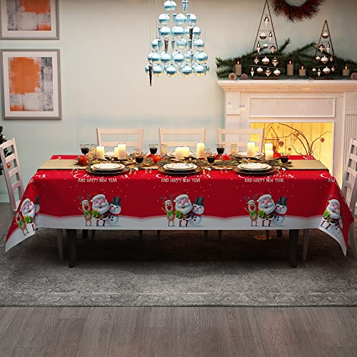 Fibevon Christmas Tablecloths, 2-Pack Rectangular Disposable New Year Tablecloth 54 by 110 inch Premium Table Covers with Elk Snowman and Santa Claus Plastic Tablecloth for Happy New Year Decor – Image 5