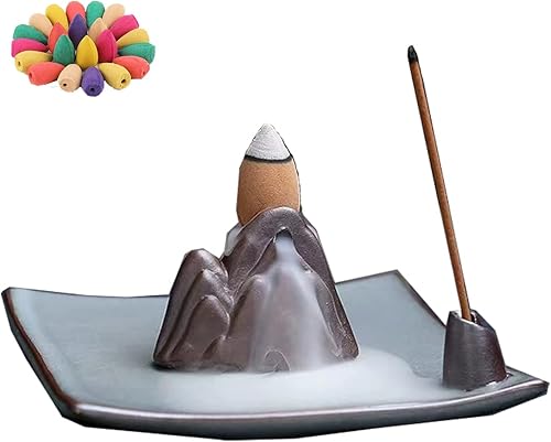 SVGYRS Soporte de incienso de cerámica para reflujo con 20 conos, receptor de cenizas, aromaterapia, terapia de estrés para yoga, spa, decoración