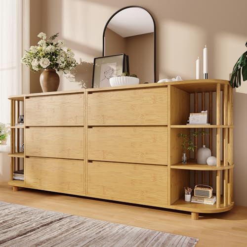 BTM Commode Sideboard 160cm Chêne, Design Romain avec Colonnes & Rangements Bambou, 6 Tiroirs & Rangements Ouverts, Pieds Réglables, H75/B160/T40cm