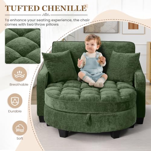 Image of Oversized Chair and A Half, Chenille Tufting Accent Cozy Reading Sofa Chair with Storage Ottoman, Upholstered Loveseat Chaise Lounge Sofa with Adjustable Back for Living Room, Office, Sunroom, Green