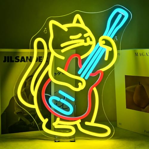 Image of Guitar Cat Neon Sign LED Music Light Colorful USB Powered LED Music Wall Decor for Bedroom Studio Party gifts for Teens Cat Lovers and Guitar Fans