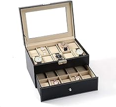 HOMAVA Men's/Women's Leather Watch Box Organizer Case Multi Slot-20 Watch And Drawer,30 x 20 x 8 CM, Black