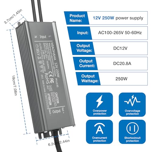 Image of LED Driver 12V 250W, Waterproof IP67 LED Power Supply, AC 110V to DC 12 Volt Low Voltage Transformer with 3-Prong Plug 3.3 Feet Cable for DC Indoor Outdoor LED Light, Computer Project