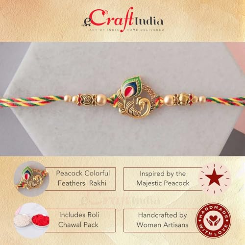 Image of eCraftIndia Golden Peacock Feather Designer Rakhi for Brother with Chocolate, Zuzy Almond Chocolate Box, Rakhi with Chocolate Gift - Roli Chawal Pack, Raksha Bandhan Greeting Card