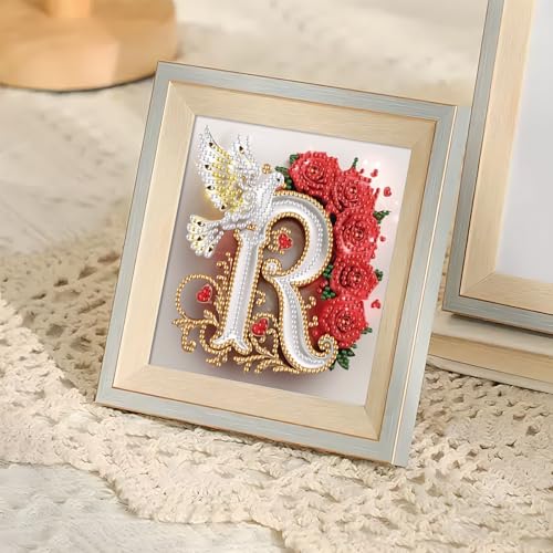 Image of AiYuanzsh 5D Diamond Art Kits for Adults Letter R, Radiant Rose & Dove Initial DIY Crystal Rhinestones Diamond Painting, Elegant Diamond Art for Wall Decor and Romantic Valentine's Day Gift 17x17cm