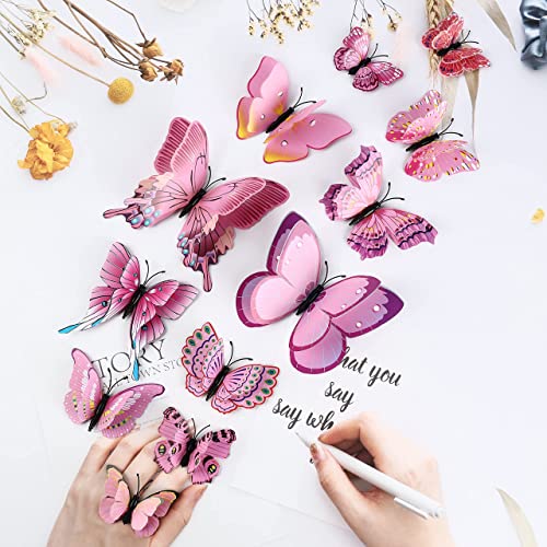 24Pcs Butterfly Wall Decals Removable 3D Butterflies Decor For Wall Sticker Mural Stickers Home Decoration Kids Room Bedroom Decor (Double Layer-Pink/24Pcs) #TOP2