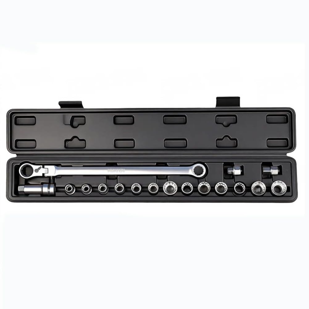 SPORTARC Set di chiavi a bussola, cricchetto a 72 denti, design passante, testa girevole a 180°, kit da 17 pezzi in acciaio legato per riparazione auto fai da te