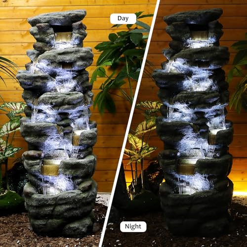 Image of SunJet 51 inch High Multi-Tiers Cascading Rock Outdoor Water Fountain with LED Lights - Large Outdoor Resin Fountains and Waterfalls for Garden or Patio, Yard, Deck Decor, Featuring Natural Stone Look