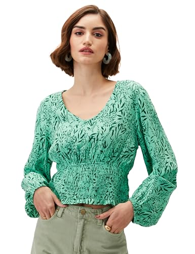 Image of Amazon Brand - Eden & Ivy Women Floral Crinkled Rayon V-Neck Long Sleeve Regular Fit Crop Top (Available in Plus Sizes)