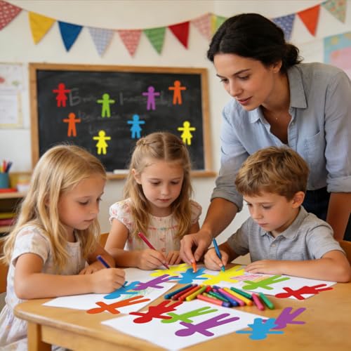 Image of Vuzvuv 48Pcs 5In People Doll Shaped Paper Cutouts with 100Pcs Glue Points for Wall Bulletin Board Decorations, Blank Boys & Girls Cut Out for Classroom, DIY Crafts & Party Banners(Rainbow Color)