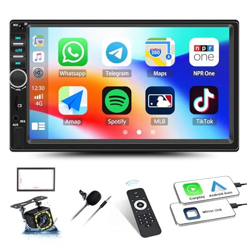 CAMECHO Double Din Car Stereo with CarPlay Android Auto, 7 Inch HD Touch Screen 2 Din Bluetooth Hands-free, FM Radio Mirror Link Voice Control EQ SWC USB/TF/AUX Input + Backup Camera Mic