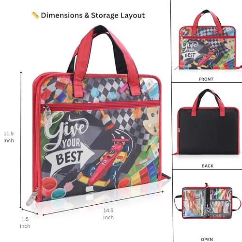 Image of Echo Boomers A4 Kids Drawing Bag | Art & Stationery Organizer with Zipper Pocket (Give Your Best) Race Car Design