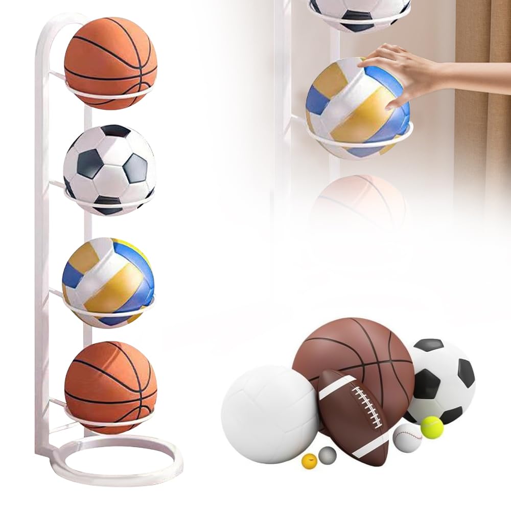 Soporte vertical para balones de metal, estante de 4 niveles para voleibol, baloncesto, fútbol (blanco)