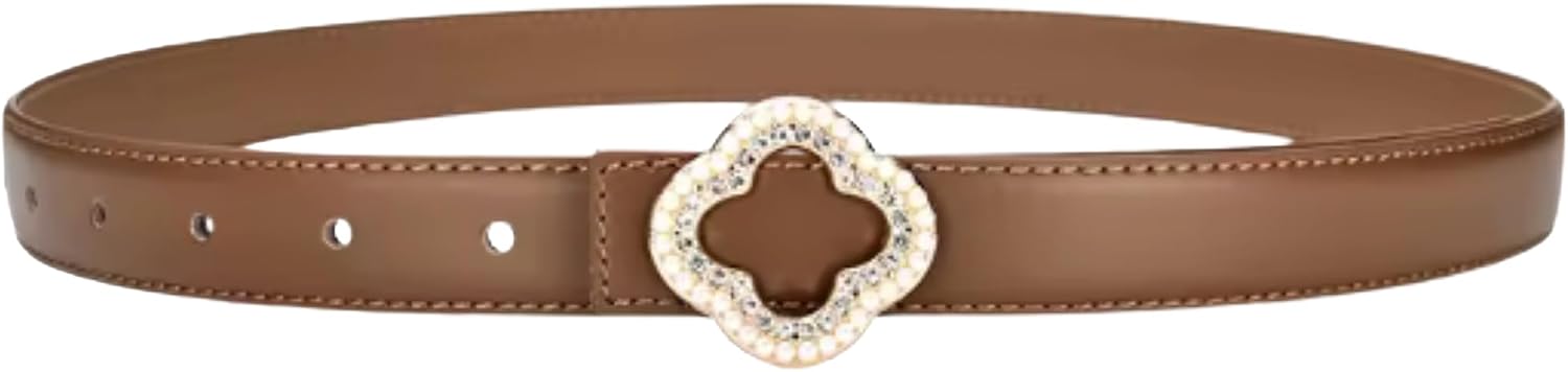 Premium Leather Belt Women with Crystal Clover Buckle 100% Cowhide Leather