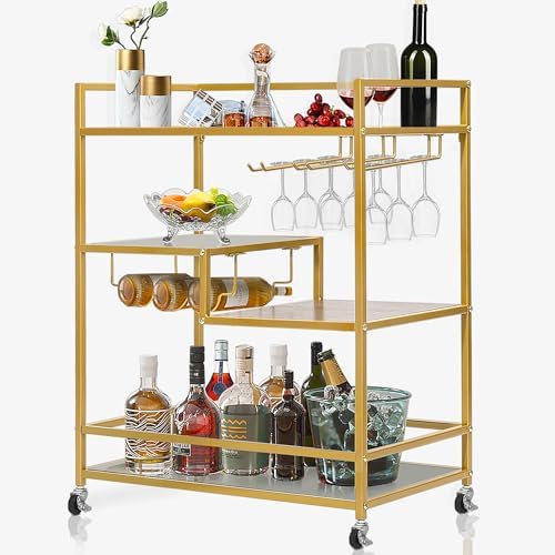 SULIVES Gold Bar Carts with 4 Tier Shelves, Rolling
