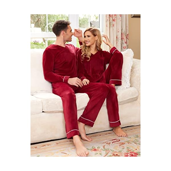 Ekouaer His Pajamas Sleepwear Matching Couple Christmas Pajamas Set with Pockets(Wine Red,S - Image 4