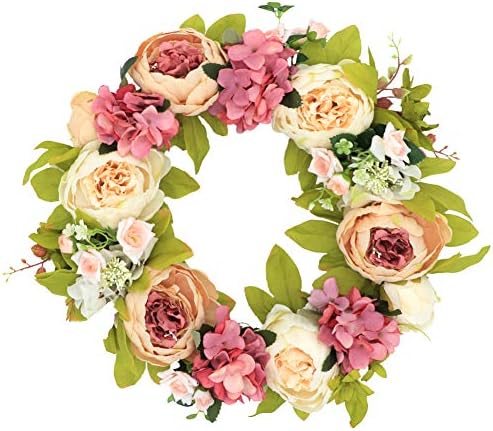 Palmhill Peonies Hydrangea Wreath, 16" Artificial Flower Handcrafted Front Door Wreaths for Spring and Summer Autumn All Seasons Floral Wreath Twig Vine Hanging for Farmhouse Office Home Wedding Decor