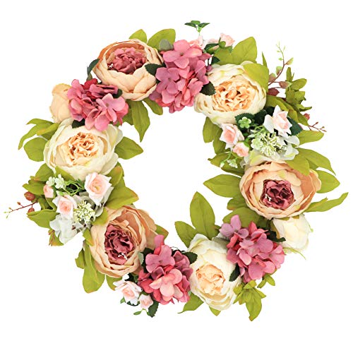 Palmhill Peonies Hydrangea Wreath, 16" Artificial Flower Handcrafted Front Door Wreaths For Spring And Summer Autumn All Seasons Floral Wreath Twig Vine Hanging For Farmhouse Office Home Wedding Decor #TOP27