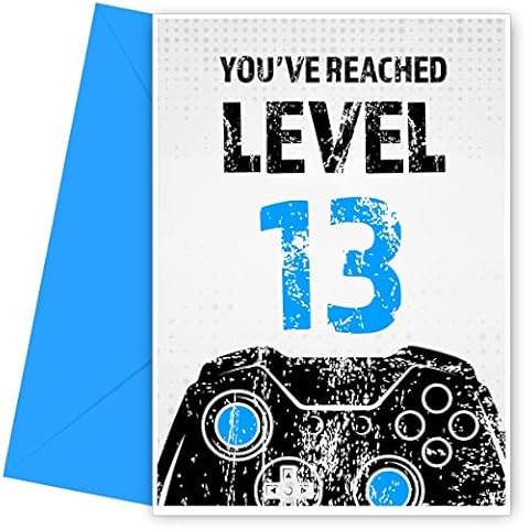 Gamer 13th Birthday Card for Boy - Black & Blue Reached Level 13 Bday Card for Son, Great Grandson, Nephew or Brother. Gaming Happy Birthday Card for 13 Year Old Boy - Video Gamers 13th thirteen Bday Cover