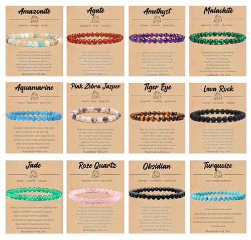 12 PCS 6mm Semi-Precious Gemstone Beaded Bracelets Natural Crystal Bracelets for Women Men, Round Gemstones Stretch Bracelet, Yoga Bracelets Jewelry Gifts