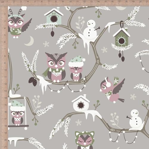 VmG-Store 1 m Cotton Fabric for Sewing 100% Cotton Sewing Fabric, No Sold by the Metre, Children's Fabric (Winter Owl Bb046) - Image 2