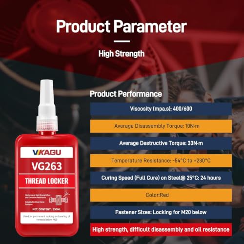 Image of VIKAGU263 Red High Strength&Temp Threadlocker - Anaerobic Screw Glue Resists 230C Heat, Oil & Chemicals - Medium Viscosity Glue for Bolts, Metal Fastener Lock 1.69Oz /50ml, 2 Pack