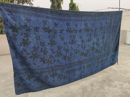 Indigo Blue Dye Cotton Kantha Throw Quilt Handmade Throw Blanket Bedspread Cotton Boho Hippie Quilt Bedspread Vintage Kantha Throw Handmade (Queen: -90