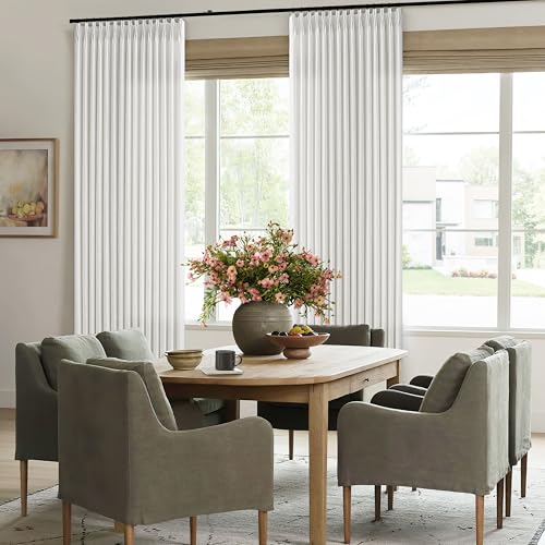 Image of Pinch Pleated Extra Wide Linen Curtains 84 Inches Long 60 Inch Wide 1 Panel | for Patio Sliding Glass Door, Pleated Drapes, with Hooks Rings, Neutral, Semi Sheer, 60x84 , Living Room, Ivory Birch