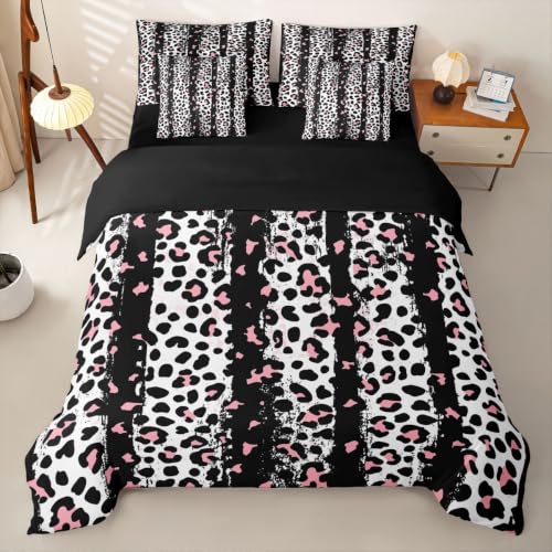 Loussiesd Juego de funda de edredón con estampado de leopardo blanco y rosa, tamaño Super King, 7 piezas, diseño geométrico de rayas de guepardo en una bolsa, con funda de edredón, sábanas, fundas de