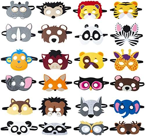 TEEHOME Animal Felt Masks Party Favors (24 Packs) for Kid - Safari Party Supplies with 24 Different Types - Great Idea for Petting Zoo | Farmhouse | Jungle Safari Theme Birthday Party