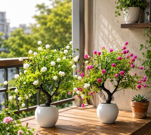 Image of Pack Of 2 , Mini Fake Flower Pot For Home Decoration Item , Artificial Flower Pot For Indoor Decor & Outdoor Decor , Office Plant Plant , Artificial Plants With Pot , Pink & White Blossom Faux Plants