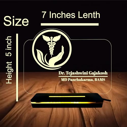 Image of PRINTKART Doctors Name and Designation Personalised LED 3D Illusion Lamp Gift for Doctor Laser Cut Acrylic Transparent with Wooden Base 7 x 5 Inches Ayurvedic Doctor