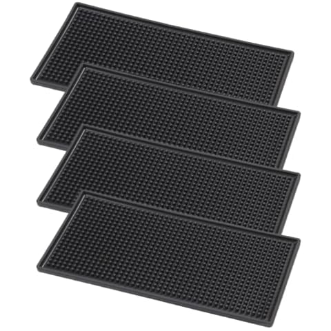 AHUNTTER 4PCS Rubber Bar Service Mat, 12" x 6" Black Non Slip Rubber Bar Mats, PVC Whiskey Beer Coffee Glass Spill Mats for Coffee Bars Kitchen Restaurants Counter Cover