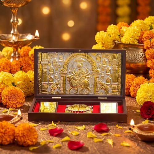 Image of Maa Durga Pocket Temple for Wedding Gift, Housewarming Gift & Pooja Room Decor | Gold Plated Ambe Maa Photo Frame with Charan Paduka - 8.4 x 4.5 Inch - Pack of 1