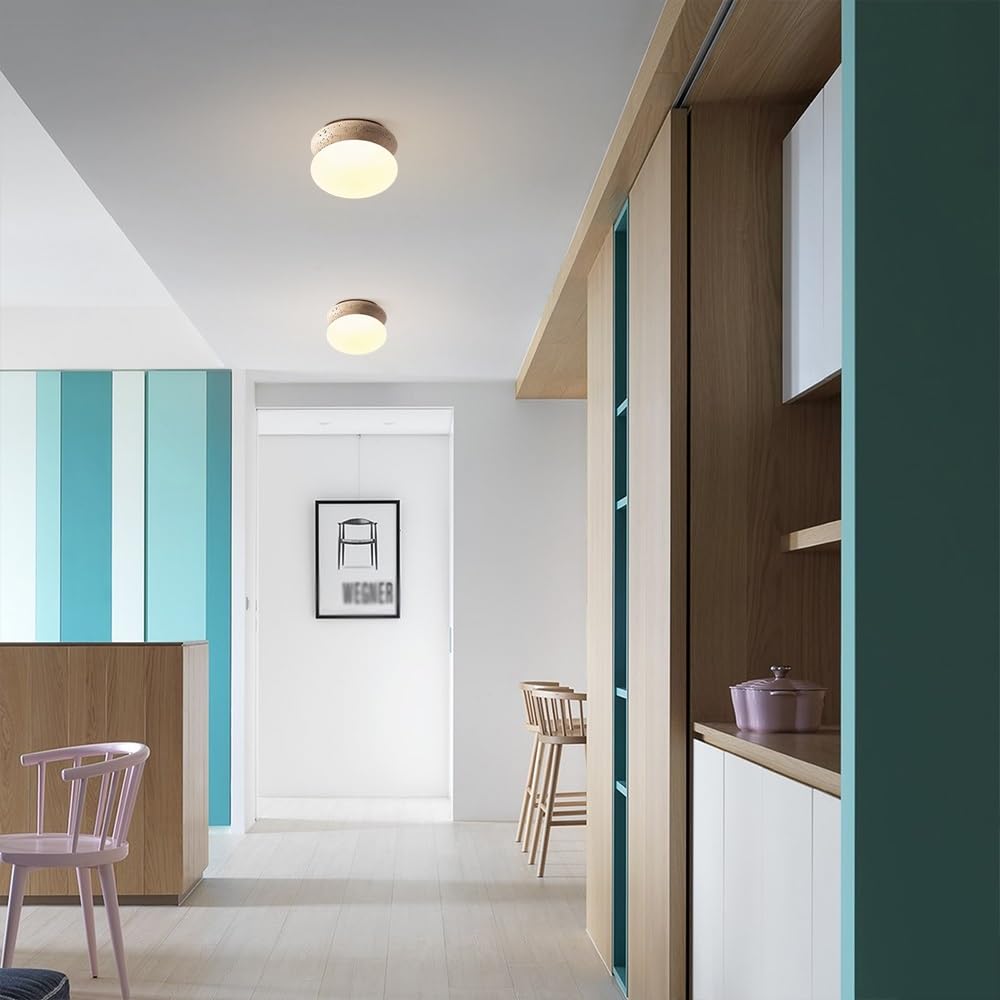 Jadssox Trawertynowa Lampa Sufitowa 5,9" Wabi Sabi Oprawa Oświetleniowa Kamień Naturalny Oświetlenie Blisko Sufitu Biały Szklany Klosz Nordyckie Plafon Do Wyspy Kuchennej Przedpokój Przedpokój