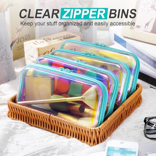 Image of Hoolerry 4 Pcs Hard Clear Zipper Case Makeup Bags Plastic Zipper Pouch Transparent Storage Box Containers for Cosmetics, Snacks, Building Blocks, Puzzles(Clear,7.5 x 3.9 x 2 in,Blue Laser)