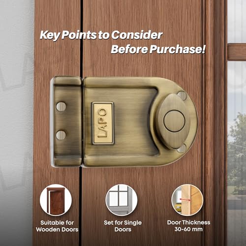 Image of LAPO Antique Brass Tri-Bolt Lock for Main Door, Deadbolt Security Lock for Wooden Doors, Fixed Cylinder Design with 4 Brass Keys, Suitable for Inside & Outside Opening, Stylish Heavy-Duty Door Lock
