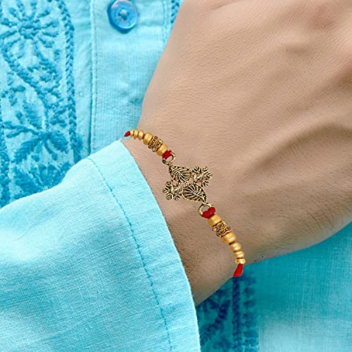 Image of Okos Gold Oxidise Dual Leaf Rakhi (Bracelet) Adorned With Lct Stones For Dearest Bhai /Bhaiya /Brother RK1000363C
