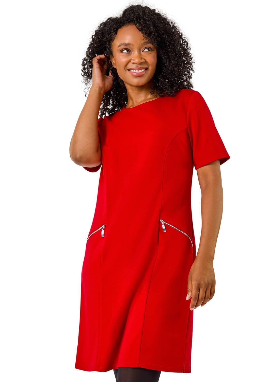 Roman Petite Women's Red Zip Detail Pocket Shift Dress Size 18