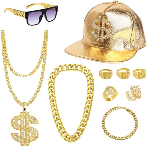 80s 90s Hip Hop Costume Kit for Men Women 8- 10 PCS Old School Rapper Accessories with Dollar Sign Hat Faux Gold Rope Chain Bracelet Dollar Chain Rings for Halloween Pimp Costume Gold Digger Outfit