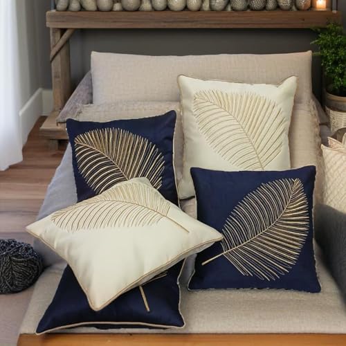 Image of Fab Nation Polyester Fabric Dark Blue & White Combo Color Decorative Cushion Covers with Golden Zari Leaf Embroidered | Set of 5 for Home Decor | Throw /Pillow Covers 16 x16 inches for Bedroom Sofa