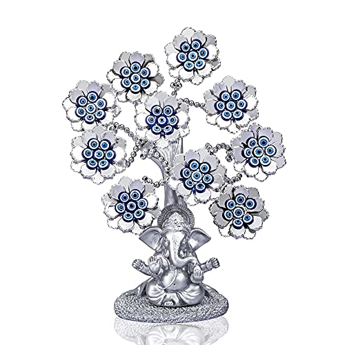 HDCRYSTALGIFTS Evil Eye Flowers Lucky Artificial Tree with Silver Ganesha Hindu Elephant God Statue Home Office Feng Shui Protection Ornament Sculpture Table Room Decor Gift