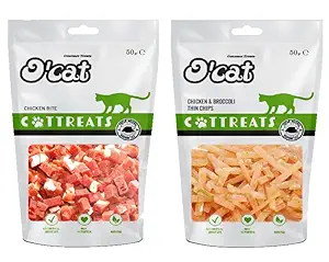 OCat Chicken and Broccoli Thin Chips 50 GMS + OCat Chicken and Bite 50 GMS Treats for Cats & Kitten | Dental & Training Cat Treats.