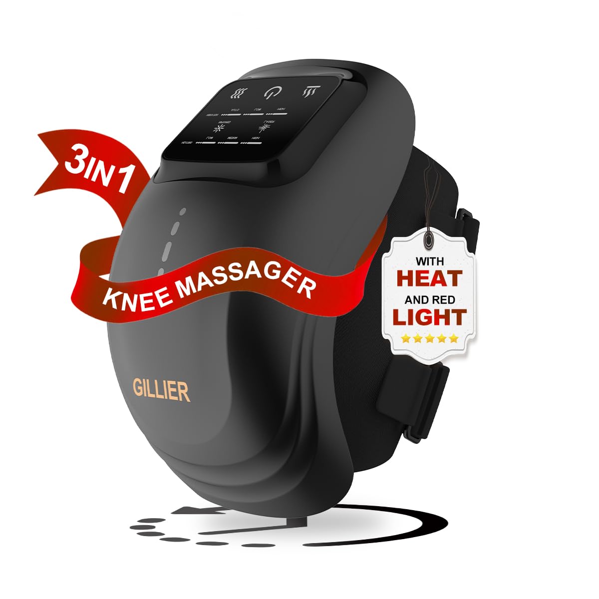 Knee Massager Smart with Heat, Red Light and Massage Therapy, 3 Vibration Modes and 3 Heating Levels, 2025 Updated Edition, LED Vitality Joints Knee Massager, Gifts for Grandma & Grandpa, Black