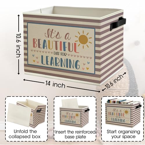 Image of Boho Classroom Storage Bins Box with Handles, It's a Beautiful Day for Learning Neutral Striped Collapsible Basket Organizer for Classroom Kids Room Bedroom Playroom Books Clothes