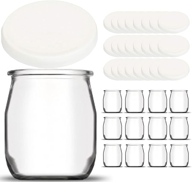 Set of 12 Glass Yoghurt Pots with 24 Airtight Lids including 12 Lids | Made in France | for Yoghurt Maker & Cookware (Thermomix, Cookeo, etc.) | 143 ml / 125 g